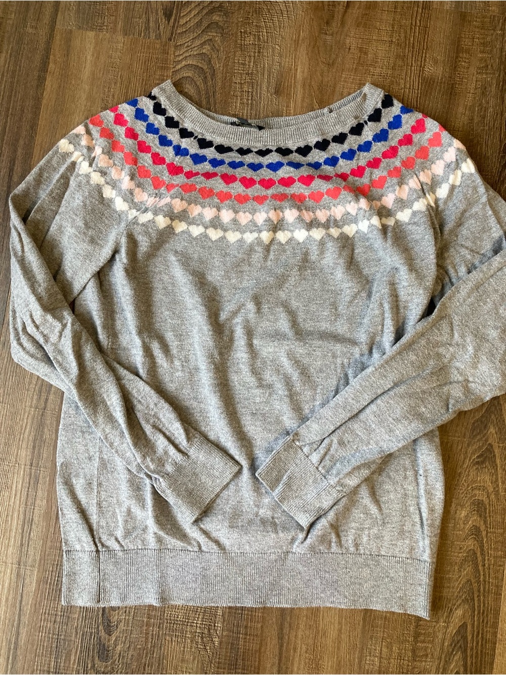 Talbots Gray Crewneck Sweater with Multicolor Heart Yoke